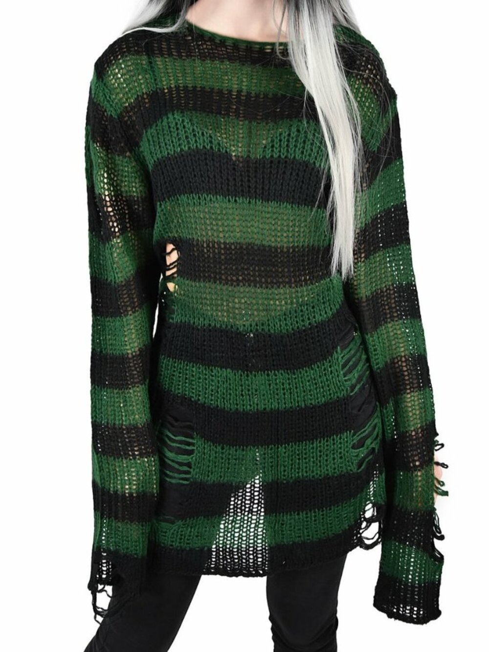 Killstar Absinthe Gothic Green Striped Distressed Holes Destroyed Sweater sz L